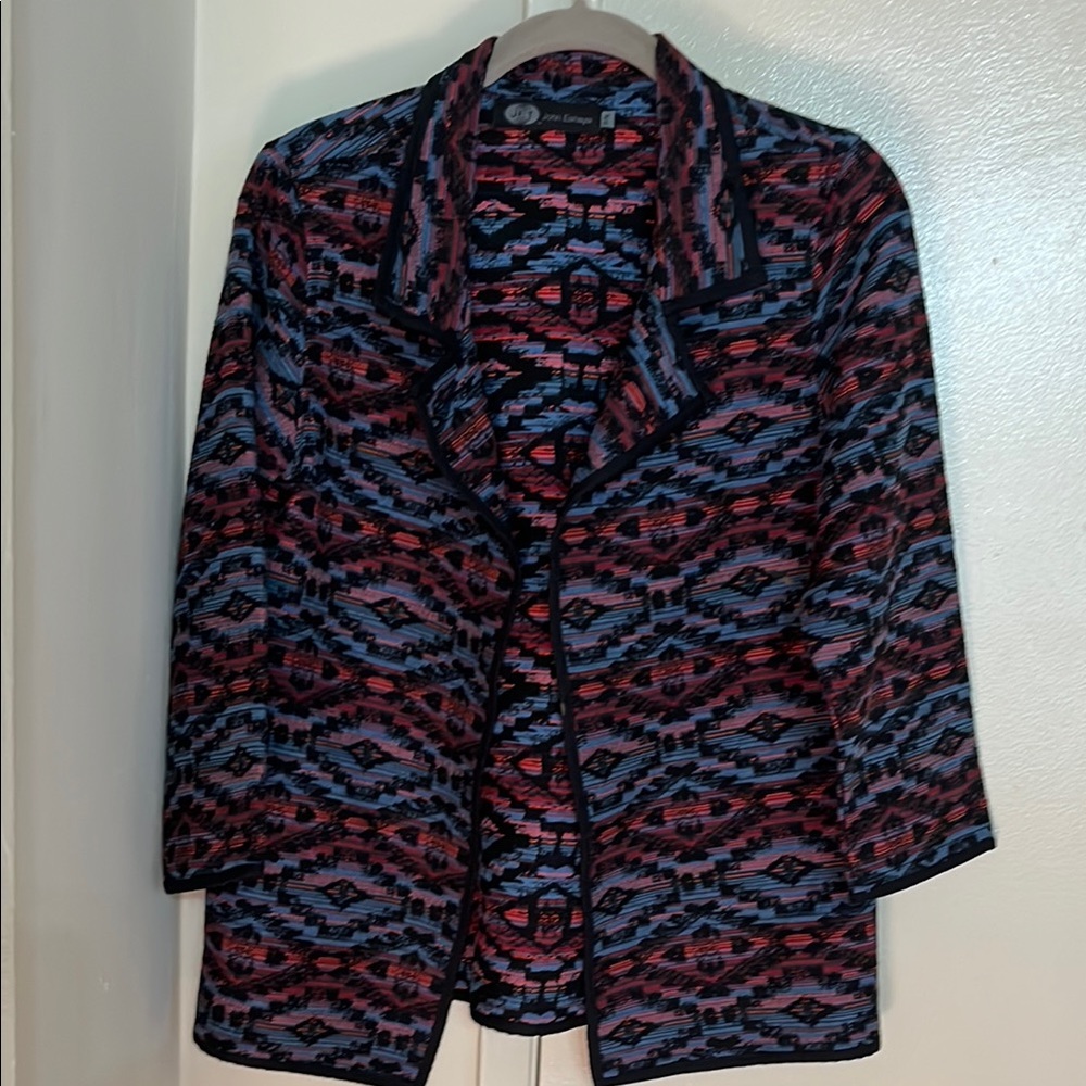 Red and Blue Geometric Pattern Blazer with Open Front